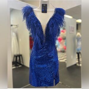 Beautiful Ava Presley Royal blue sequined dress with feather accents.
